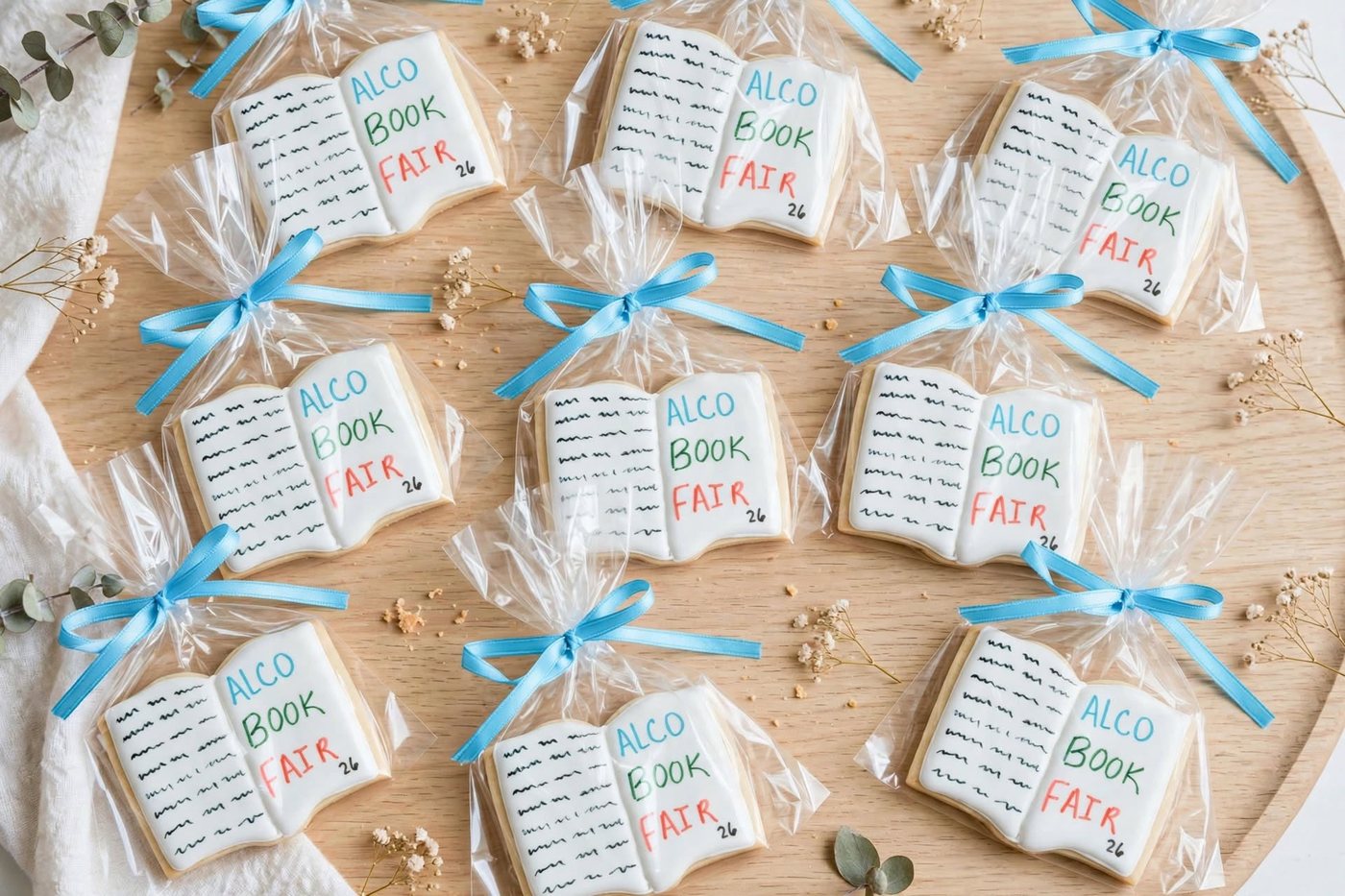 Galletas en forma de libro abierto con la letra ALCO Book Fair, envueltas una por una con lazo azul