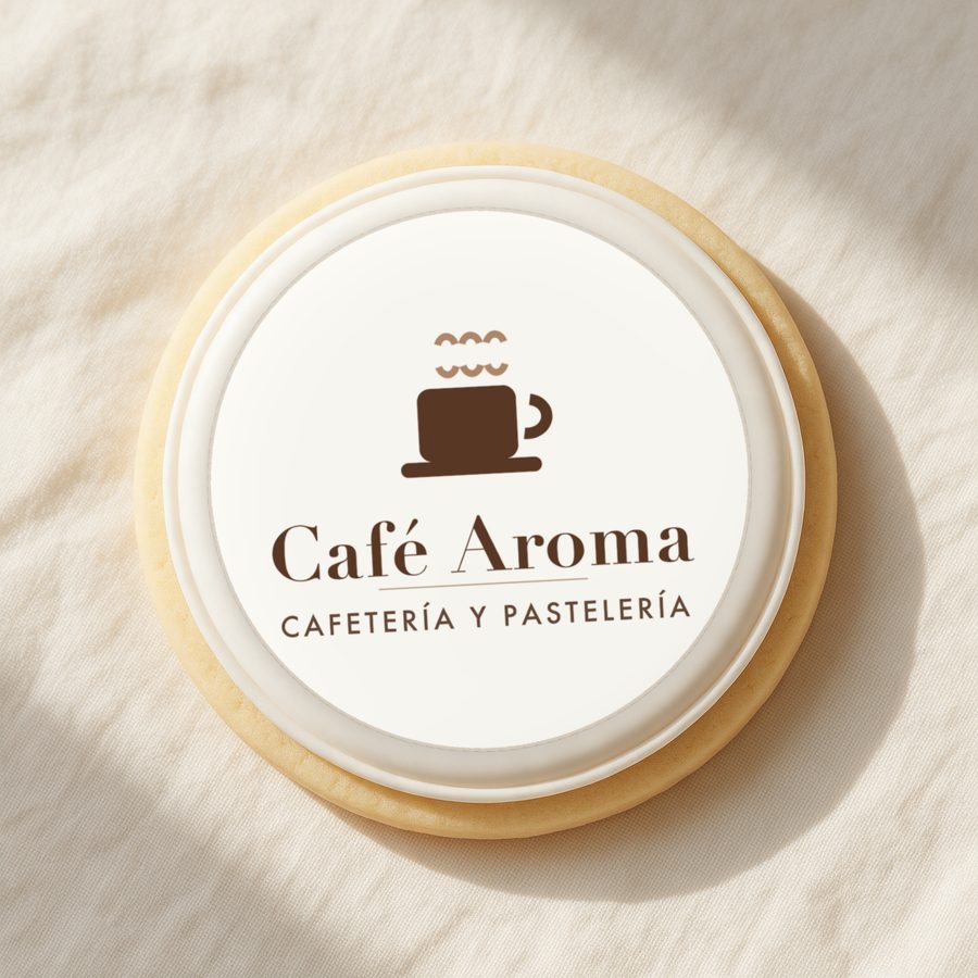 Galleta blanca con el logo de una cafetería de muestra