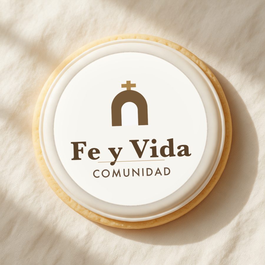 Galleta blanca con el logo de una iglesia de muestra