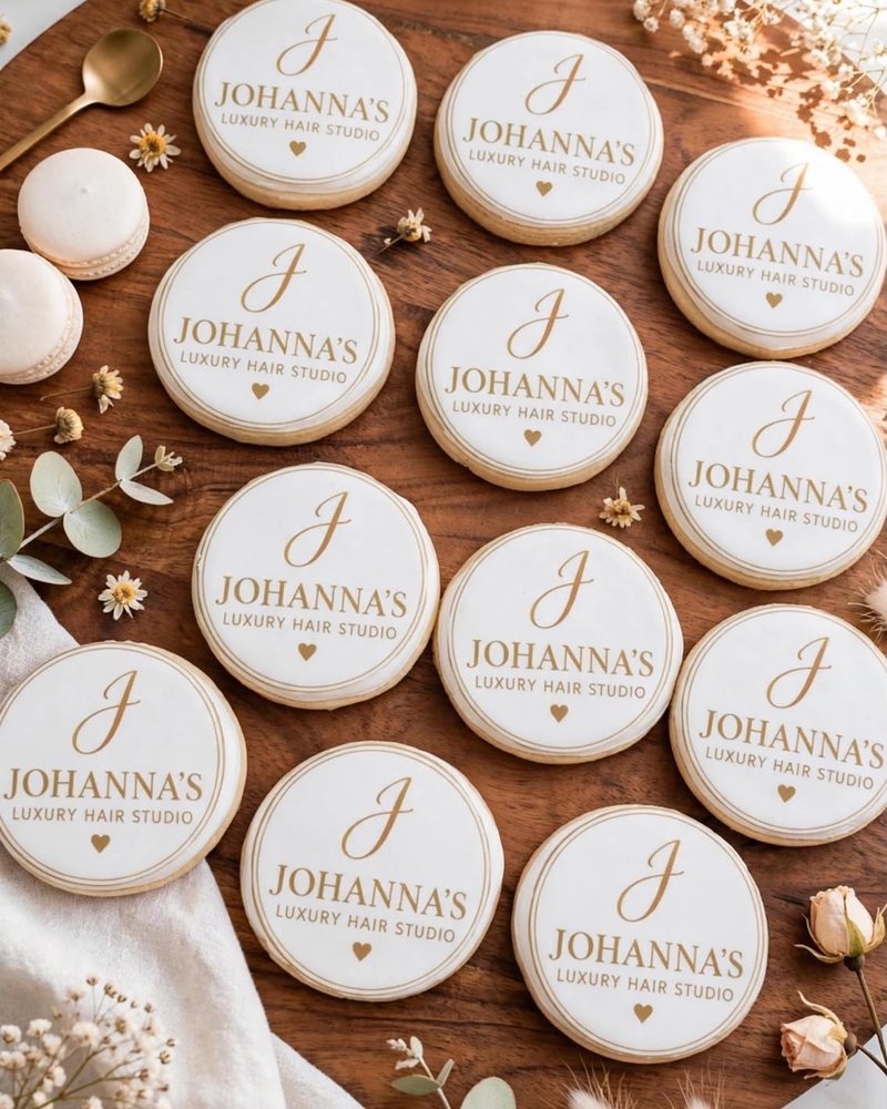 Una docena de galletas blancas con el logo dorado de Johanna's Luxury Hair Studio, sobre una tabla de madera