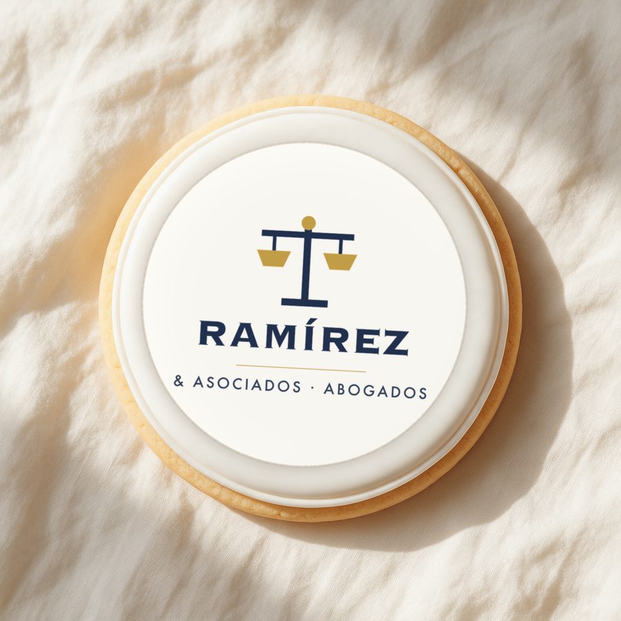 Galleta blanca con el logo de una oficina de abogados de muestra