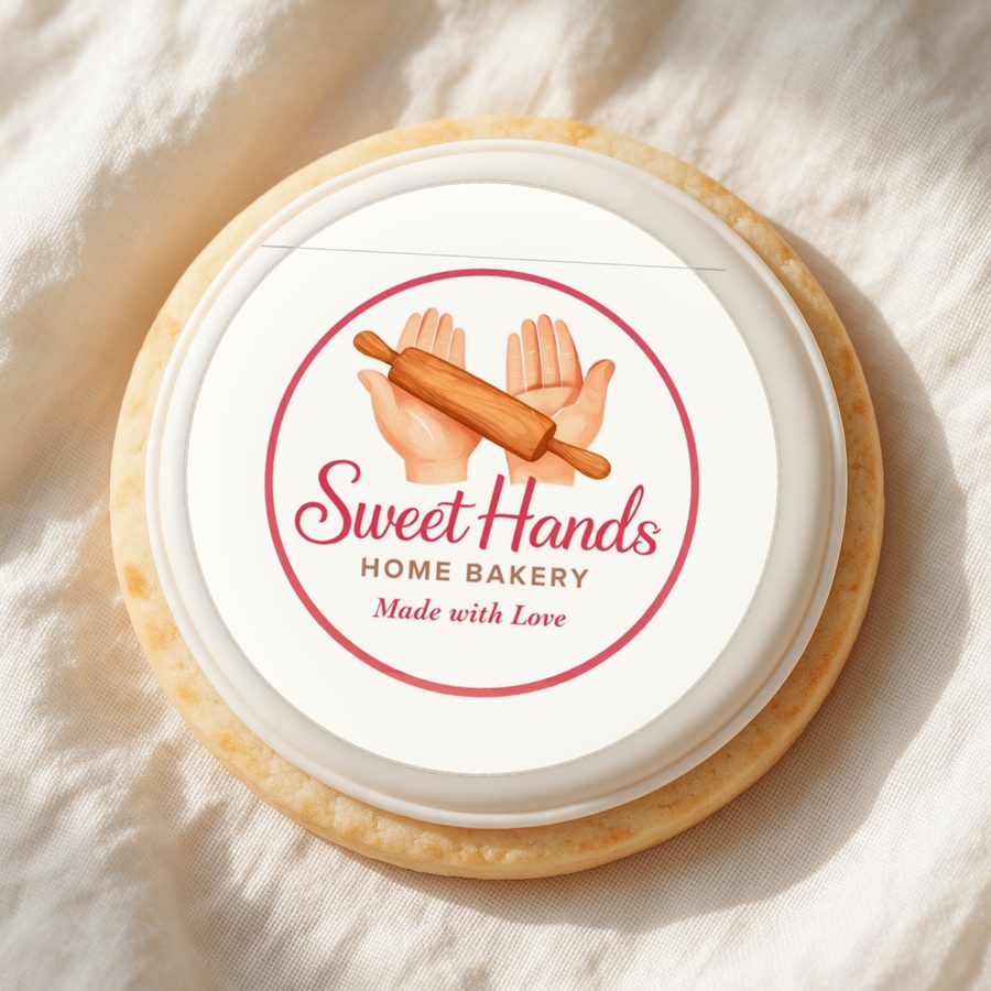 Galleta blanca con el logo de Sweet Hands Home Bakery impreso en papel comestible