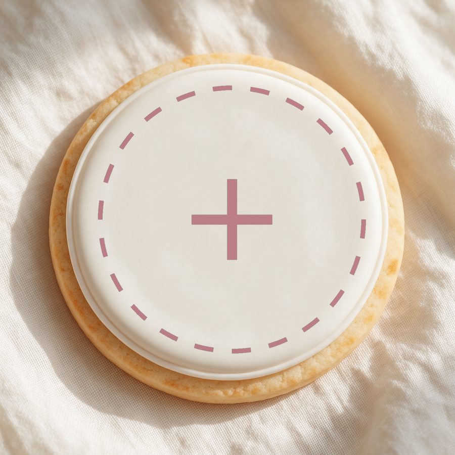 Galleta blanca sin decorar, con un círculo punteado y un signo más esperando un logo