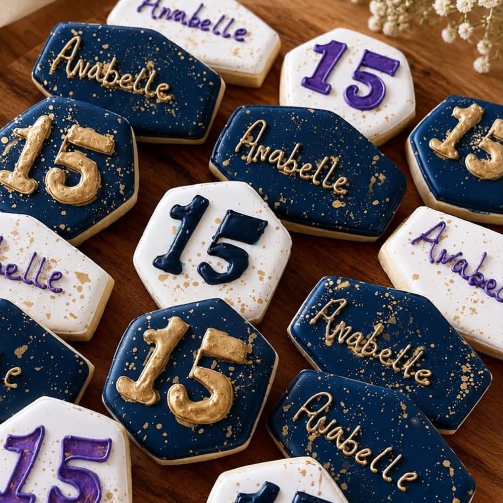 Galletas de quinceañera con el nombre y el número 15 en dorado