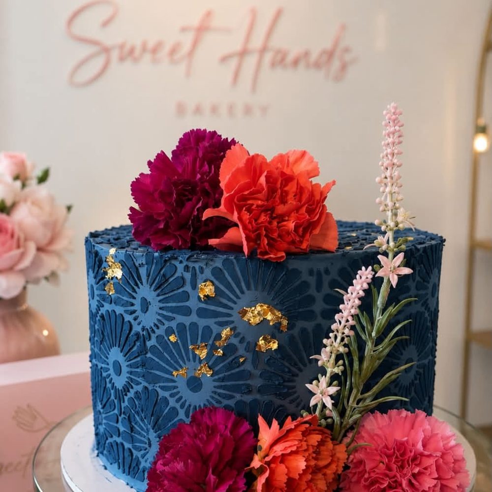 Torta azul con relieve de encaje y flores naturales rojas y fucsia